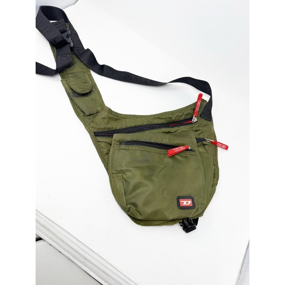 Diesel Vintage Y2K‎ Mens Crossbody Sling Bag Nylon Multi Pocket Olive Green